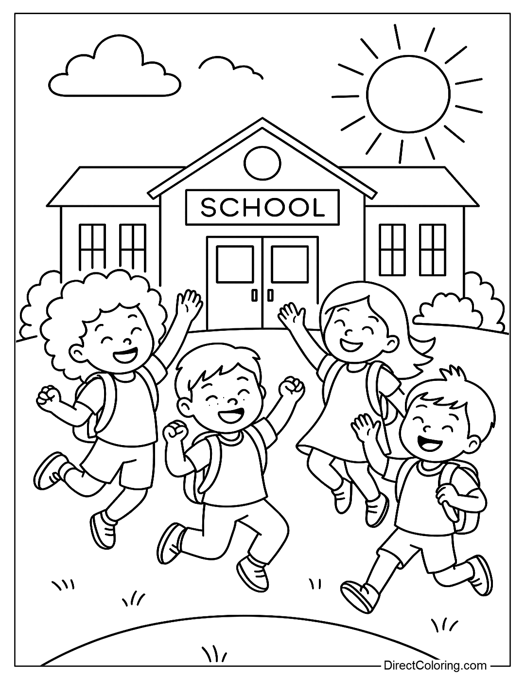 A last day of school coloring page showing a group of kids jumping with joy outside their school